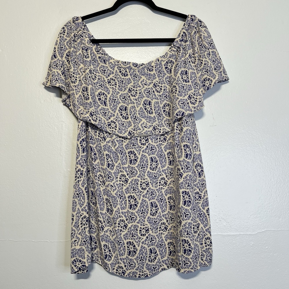 Free People Off Shoulder Pullover‎ Top Sz M Flowy  Blue Geometric Boho